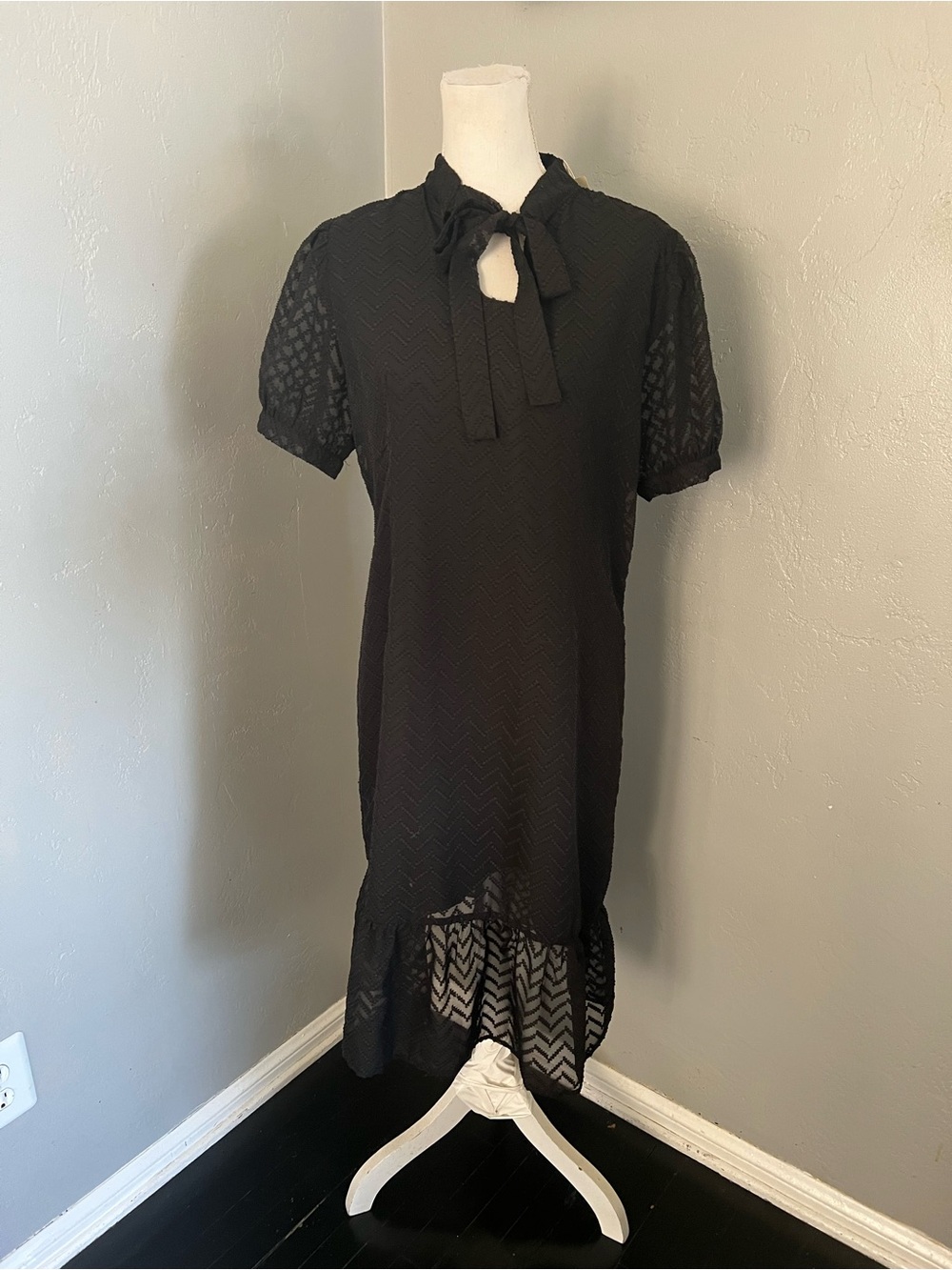 Roolee Black Tie-Neck Midi Dress